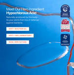 Advertisement for hypochlorous acid with text and logos on a blue background [Shared]