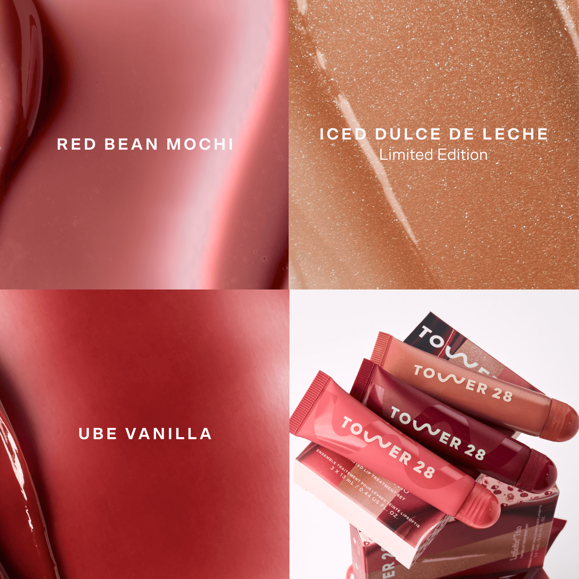 Collage of Tower 28 lip products with 'Red Bean Mochi', 'Iced Dulce de Leche', and 'Ube Vanilla' text. [LipSoftie™ Lip Treatment Trio]