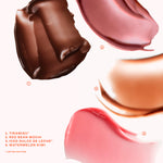 Close-up of chocolate-like swatches with labels on a white background [Lil’ Softies Lip Treatment Set]