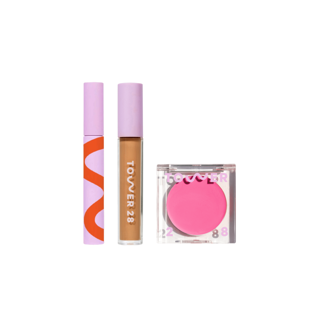 Shared Tower 28 Beauty's Go To Set which features MakeWaves™ Mascara, Swipe Serum Concealer, and BeachPlease Cream Blush