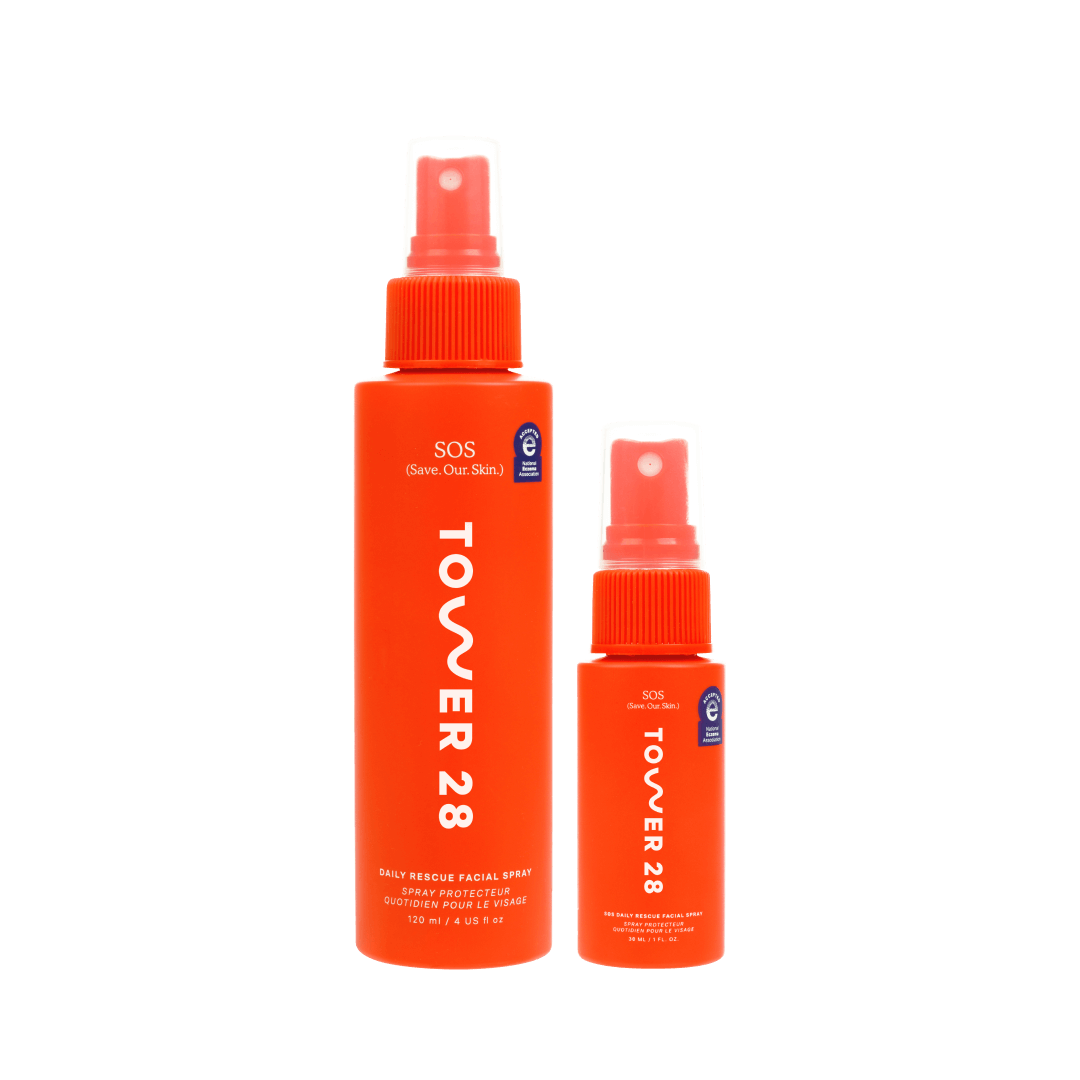 Shared: Tower 28 Beauty's SOS Spray Duo which features SOS Daily Rescue Spray 4oz and 1oz.
