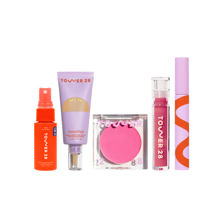 [Shared: Tower 28 Beauty Essentials Set featuring SOS Rescue Spray in 1 oz, SunnyDays SPF 30 Tinted Sunscreen, BeachPlease Cream Blush, ShineOn Lip Jelly, and MakeWaves Mascara]
