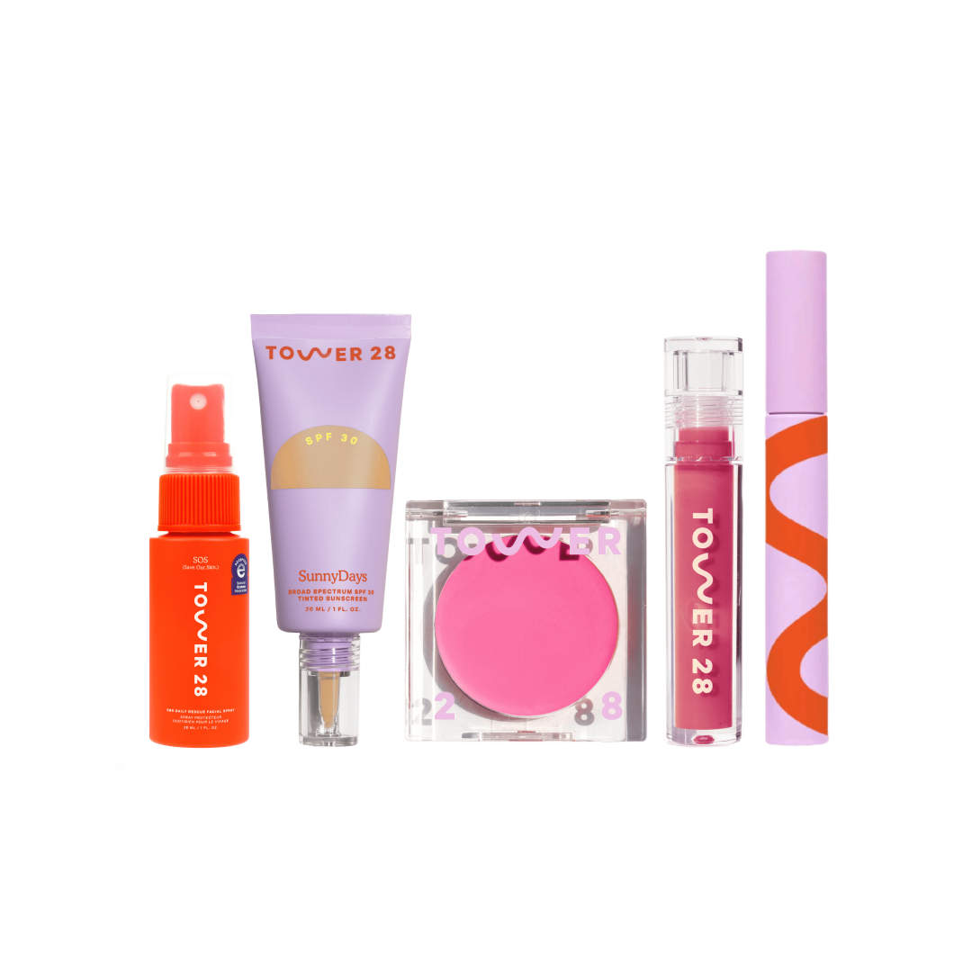 [Shared: Tower 28 Beauty Essentials Set featuring SOS Rescue Spray in 1 oz, SunnyDays SPF 30 Tinted Sunscreen, BeachPlease Cream Blush, ShineOn Lip Jelly, and MakeWaves Mascara]