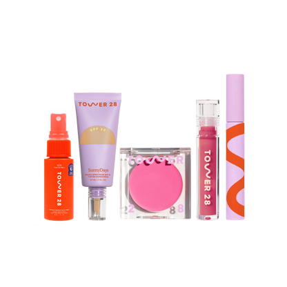 [Shared: Tower 28 Beauty Essentials Set featuring SOS Rescue Spray in 1 oz, SunnyDays SPF 30 Tinted Sunscreen, BeachPlease Cream Blush, ShineOn Lip Jelly, and MakeWaves Mascara]