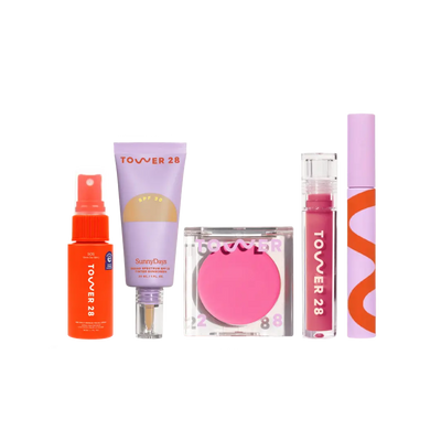 [Shared: Tower 28 Beauty Essentials Set featuring SOS Rescue Spray in 1 oz, SunnyDays SPF 30 Tinted Sunscreen, BeachPlease Cream Blush, ShineOn Lip Jelly, and MakeWaves Mascara]