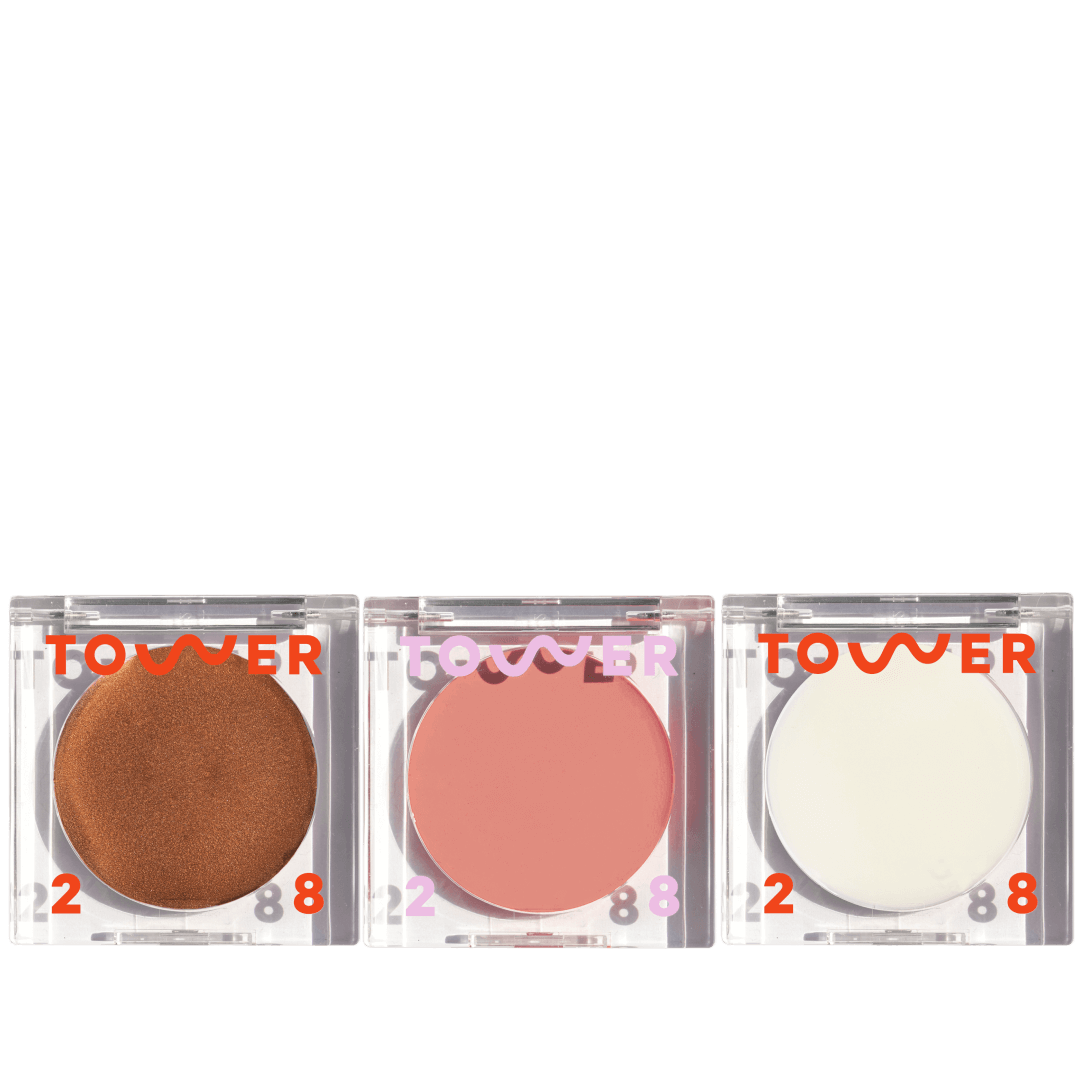 Tower 28 Beauty's Cheeky Trio which features Bronzino™ Cream Bronzer, BeachPlease Cream Blush, and SuperDew Highlight Balm