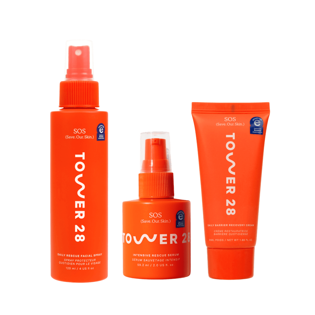 Shared: Tower 28 Beauty's SOS Complete Routine which features SOS Daily Rescue Spray, SOS Rescue Serum, and SOS Barrier Cream. Shared