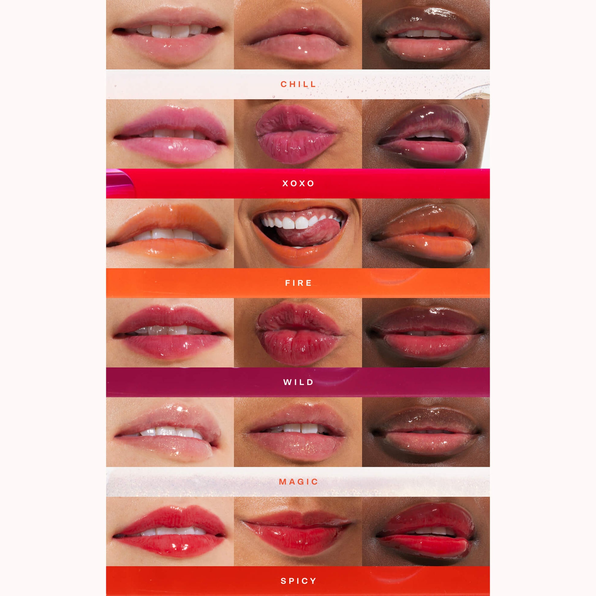 [Shared: All shades of the Tower 28 Beauty ShineOn Lip Jelly applied on three different skin tones