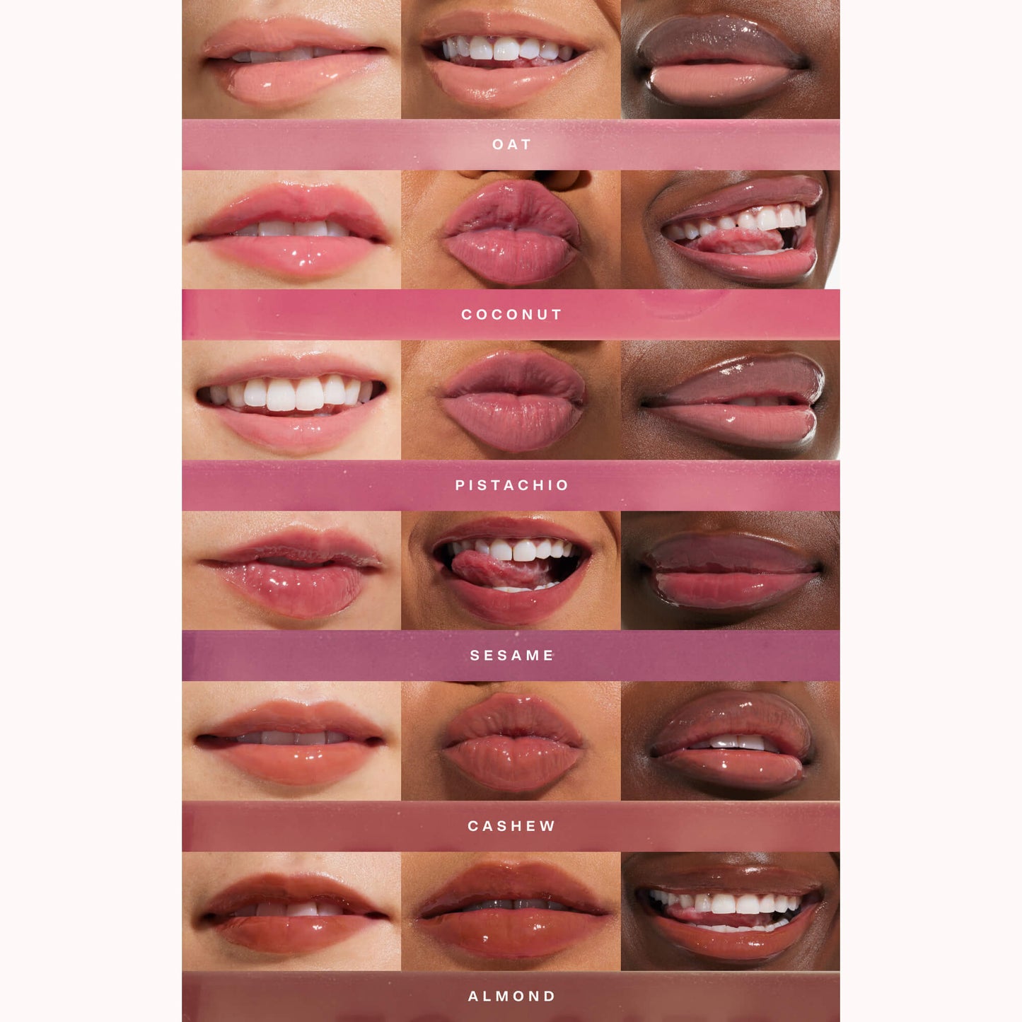 [Shared: All shades of the Tower 28 Beauty ShineOn Milky Lip Jelly applied on three different skin tones]