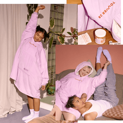 [Shared: A collage of images showing two models lounging in Tower 28 Beauty x Comfy® Originals comfy and enjoying Tower 28 Beauty x Deux Cookie Butter Drip.]