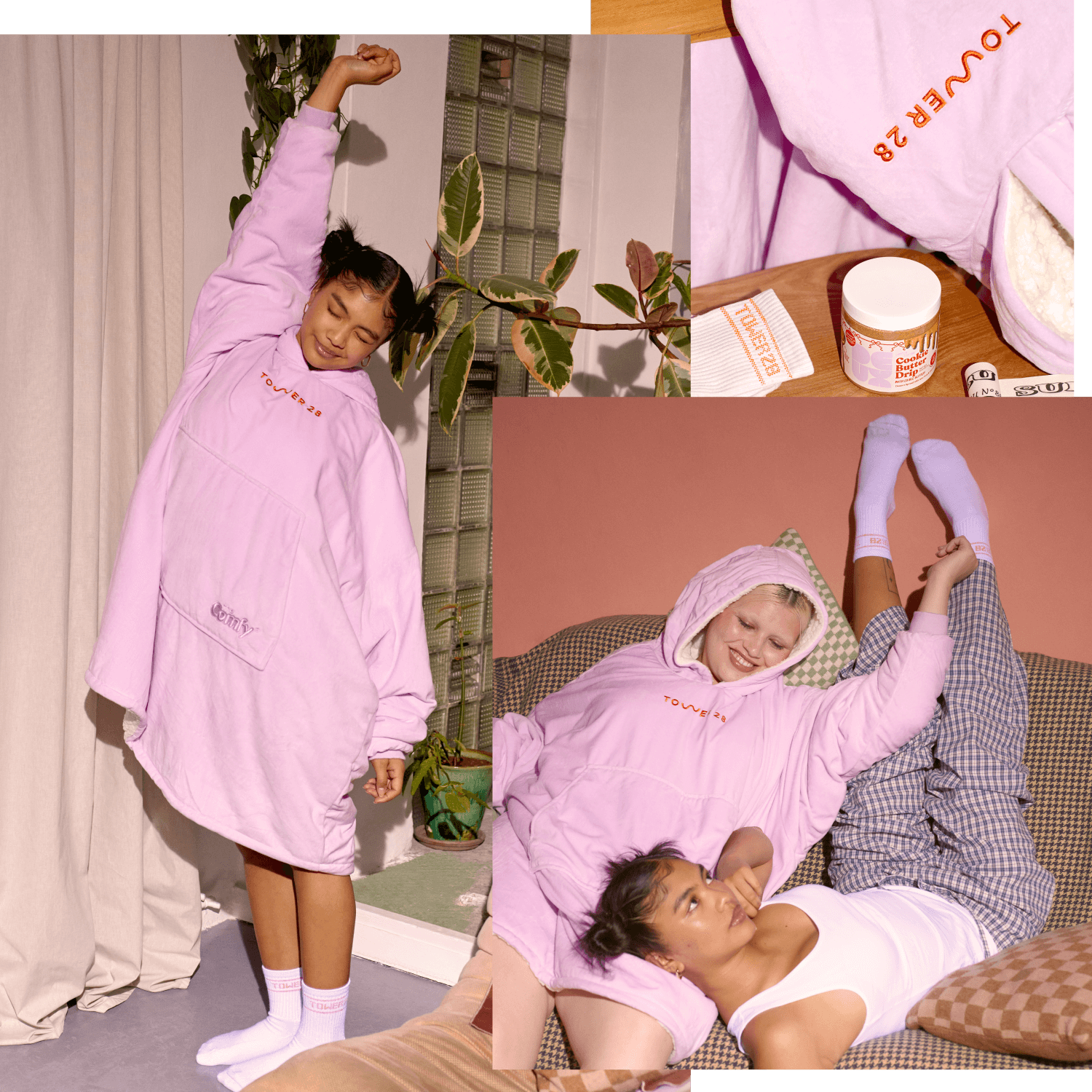 [Shared: A collage of images showing two models lounging in Tower 28 Beauty x Comfy® Originals comfy and enjoying Tower 28 Beauty x Deux Cookie Butter Drip.