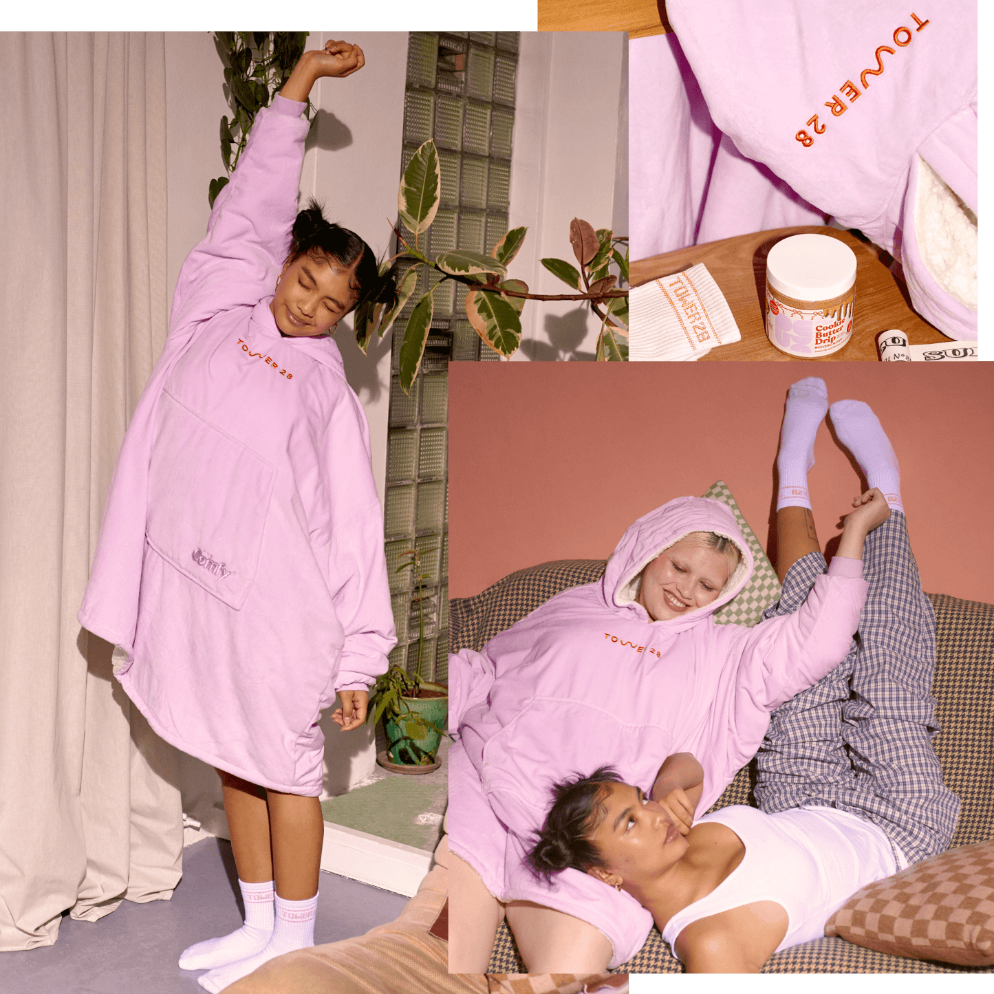[Shared: A collage of images showing two models lounging in Tower 28 Beauty x Comfy® Originals comfy and enjoying Tower 28 Beauty x Deux Cookie Butter Drip.]