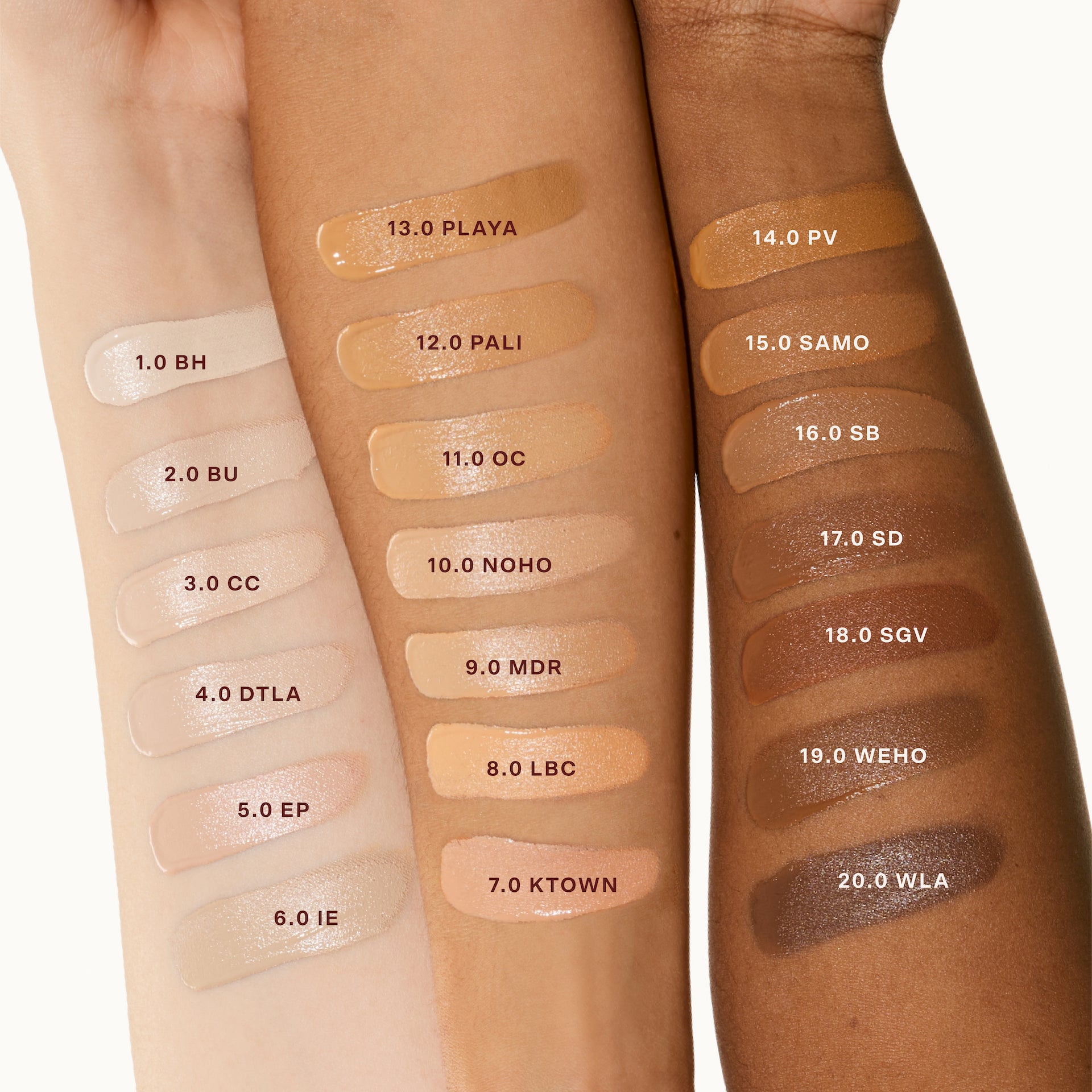 [Shared - All 20 shades of Tower 28 Beauty Swipe Serum Concealer swatched on 3 arms of light, medium, and deep skin tone to show how the makeup looks on different skin tones.
