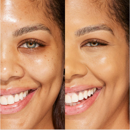 12.0 PALI [A person's face before and after using Tower 28 Beauty's Swipe Serum Concealer in shade 12.0 PALI to cover up dark circles, blemishes, and discoloration]