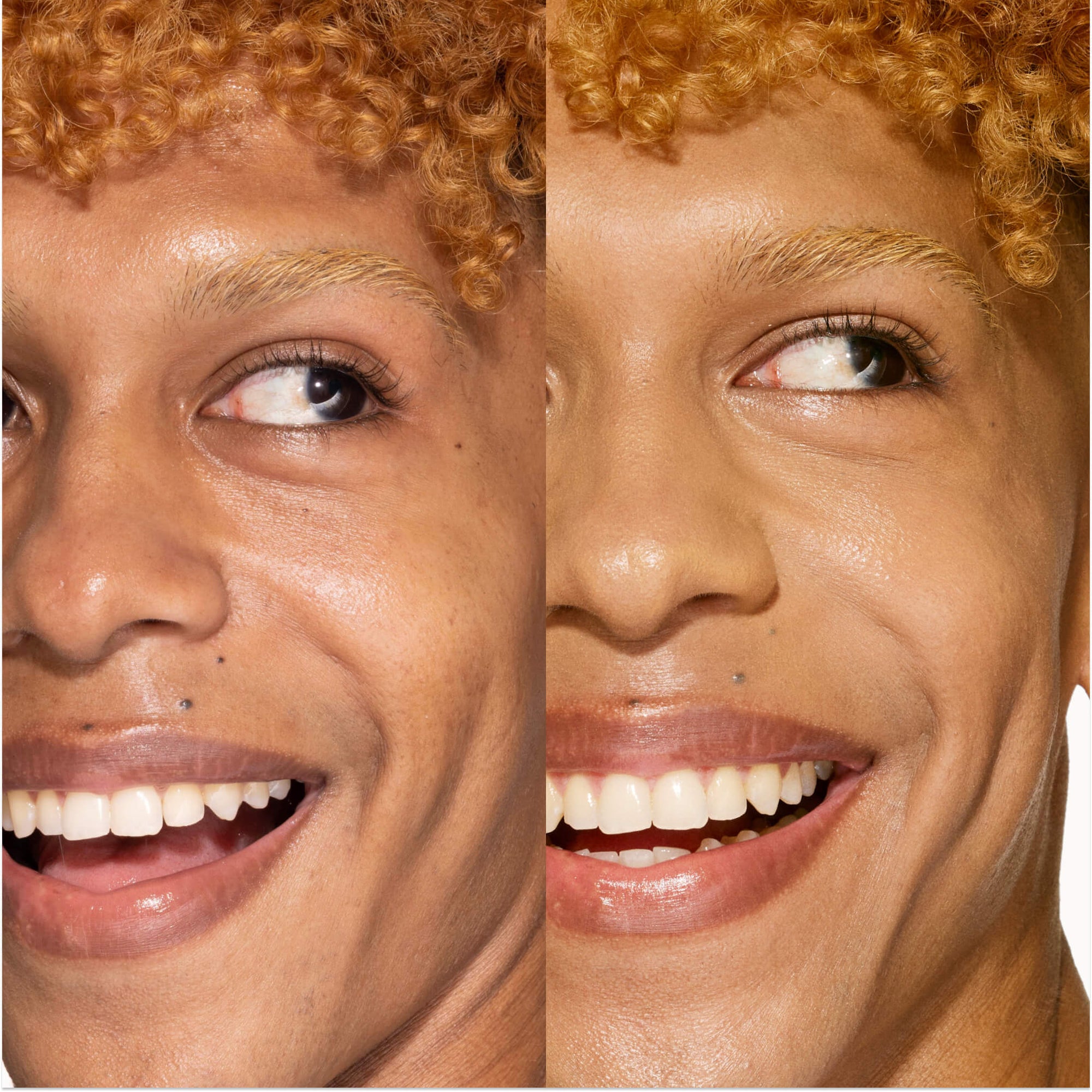 A person's face before and after using Tower 28 Beauty's Swipe Serum Concealer in shade 12.0 PALI, showing visibly evened skin tone, reduced shine, and a smoother finish. [12.0 PALI]
