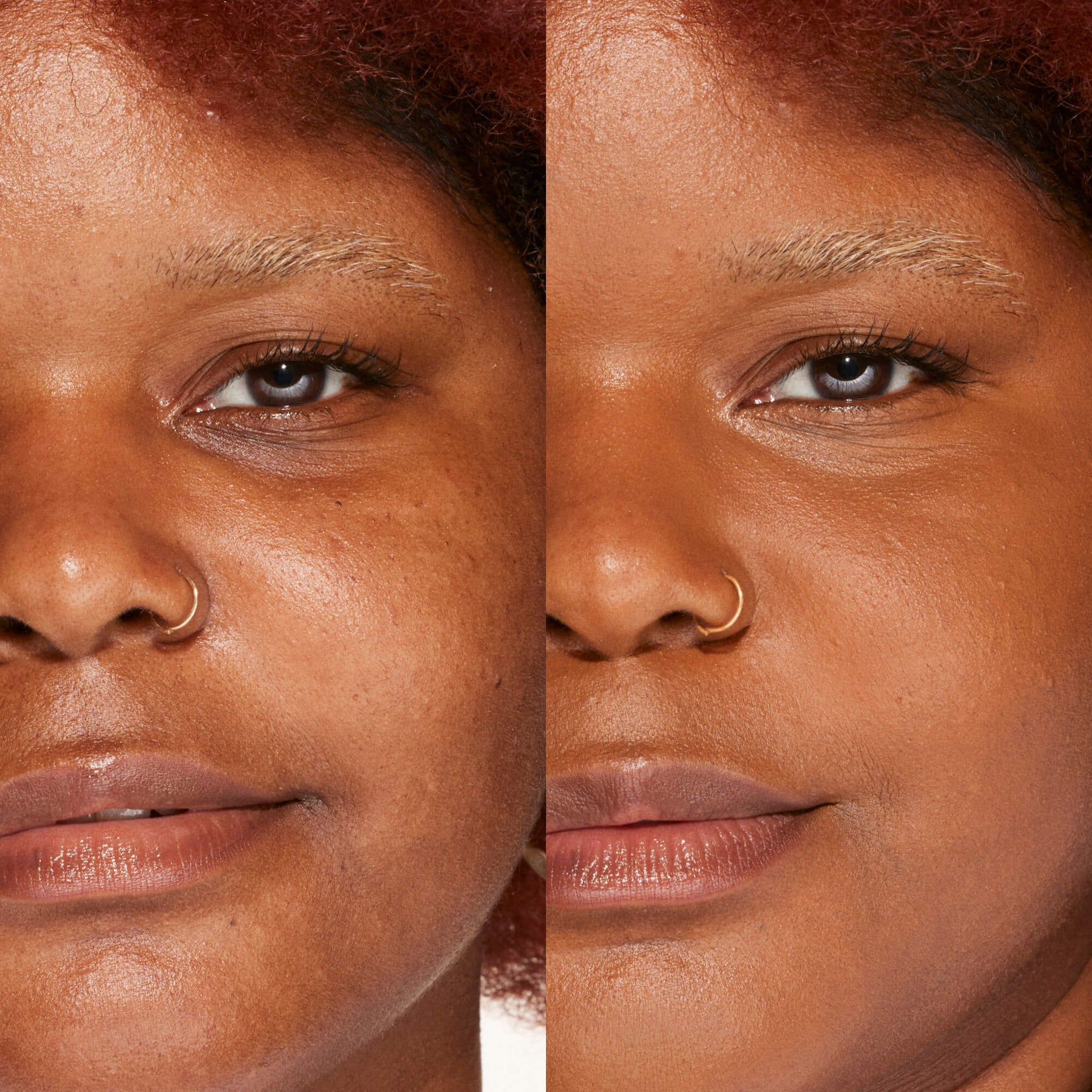 A person's face before and after using Tower 28 Beauty's Swipe Serum Concealer in shade 17.0 SD to cover up dark circles, blemishes, and discoloration
