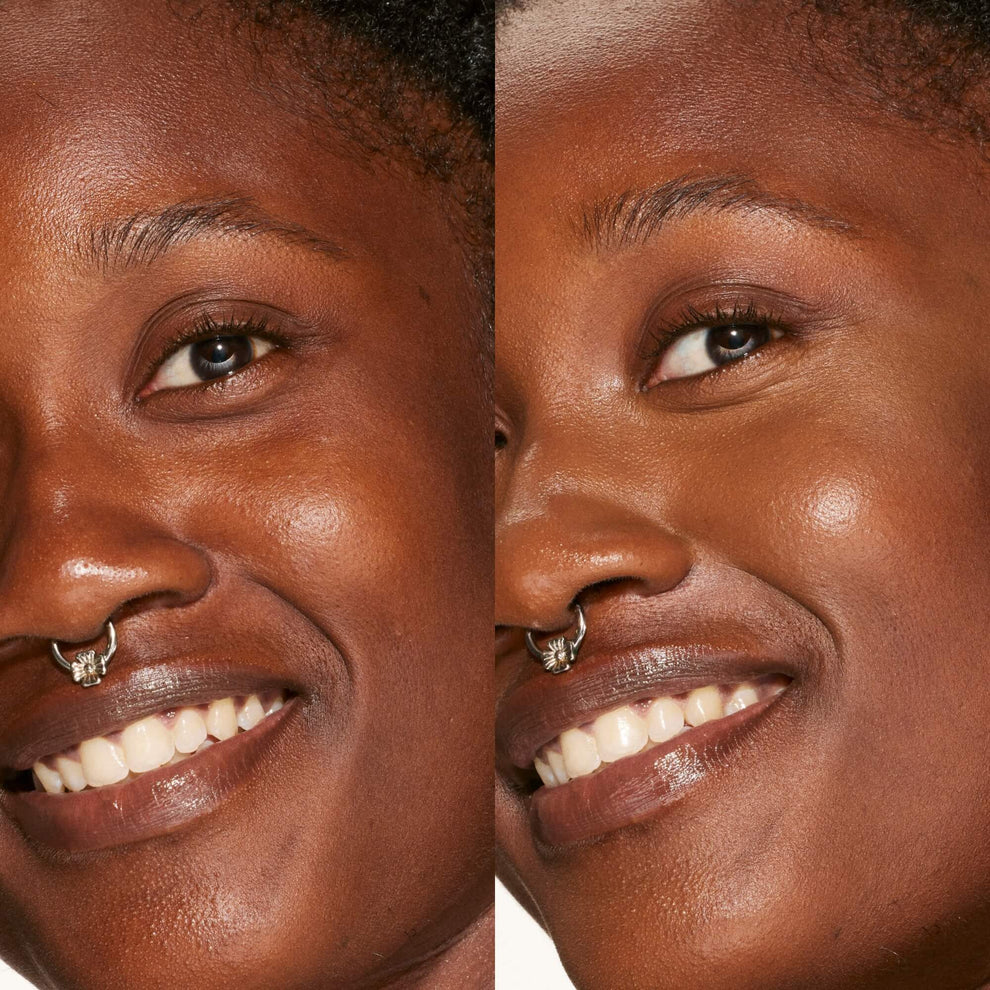 A person's face before and after using Tower 28 Beauty's Swipe Serum Concealer in shade 19.0 WEHO to cover up dark circles, blemishes, and discoloration