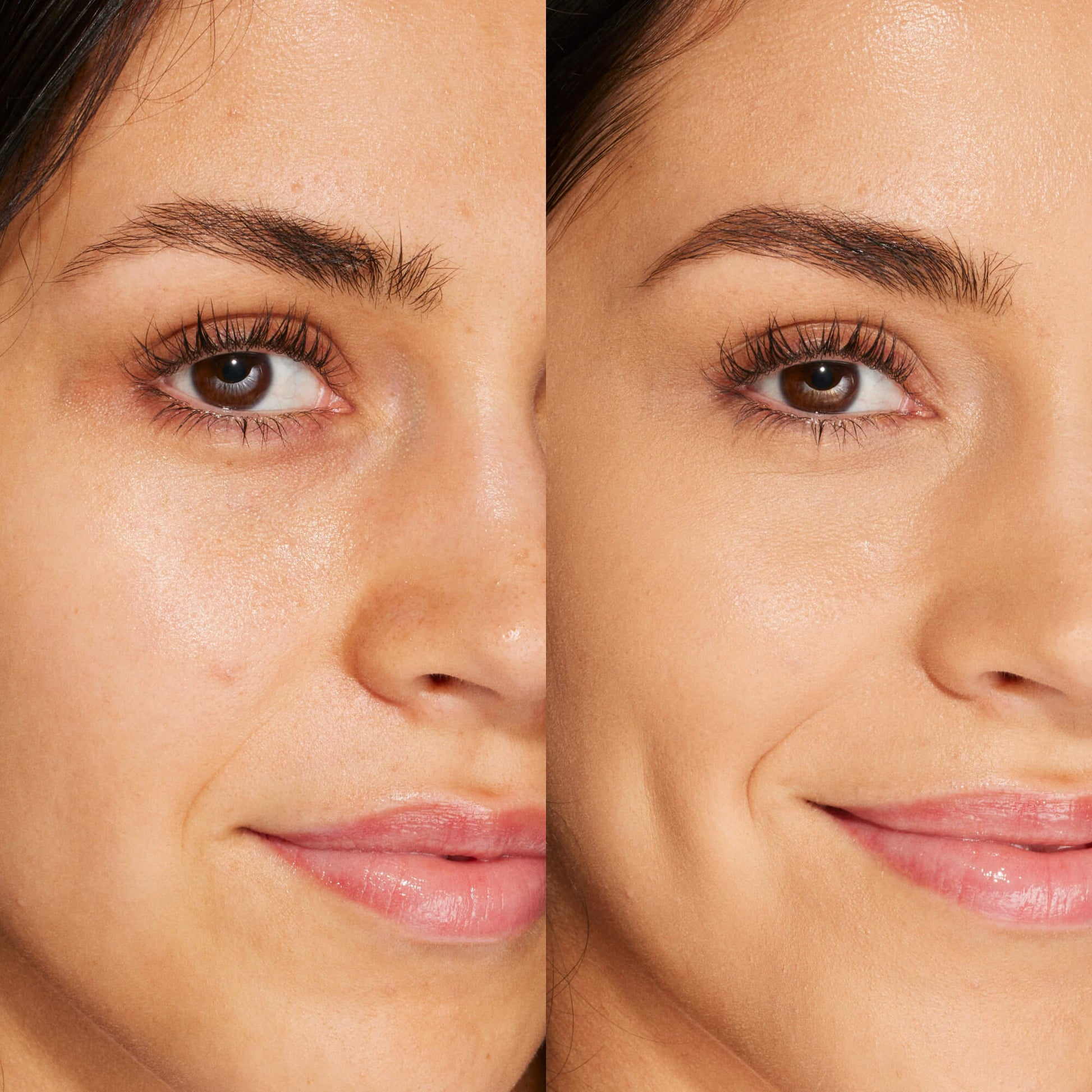 A person's face before and after using Tower 28 Beauty's Swipe Serum Concealer in shade 8.0 LBC to cover up dark circles, blemishes, and discoloration