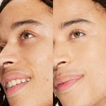 A person’s face before and after using Tower 28 Beauty’s Swipe Serum Concealer in shade 9.0 MDR, shown with reduced redness, more even skin tone, and a natural-looking finish. [9.0 MDR]