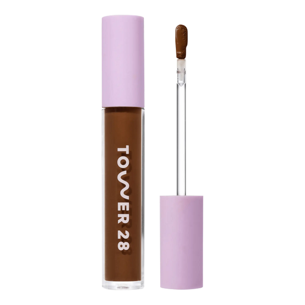 Tower 28 Beauty Swipe Serum Concealer in the shade 19.0 WEHO, shown with the tube standing upright next to the open applicator wand to reveal the product. [19.0 WEHO]