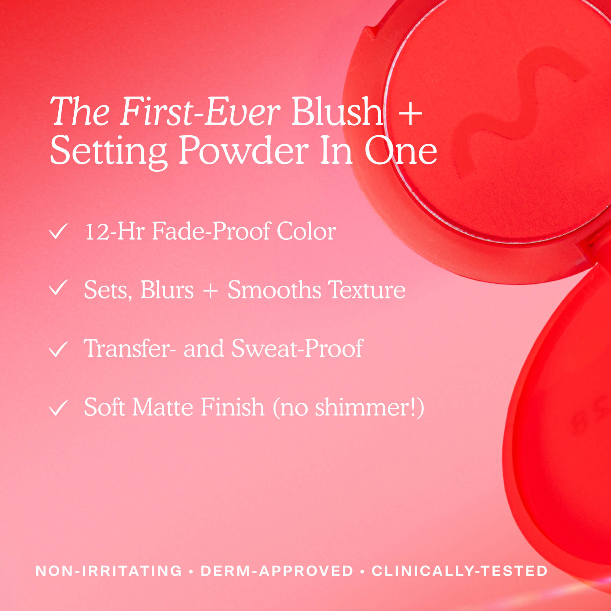 Red blush and setting powder with product features on a pink background [Shared]