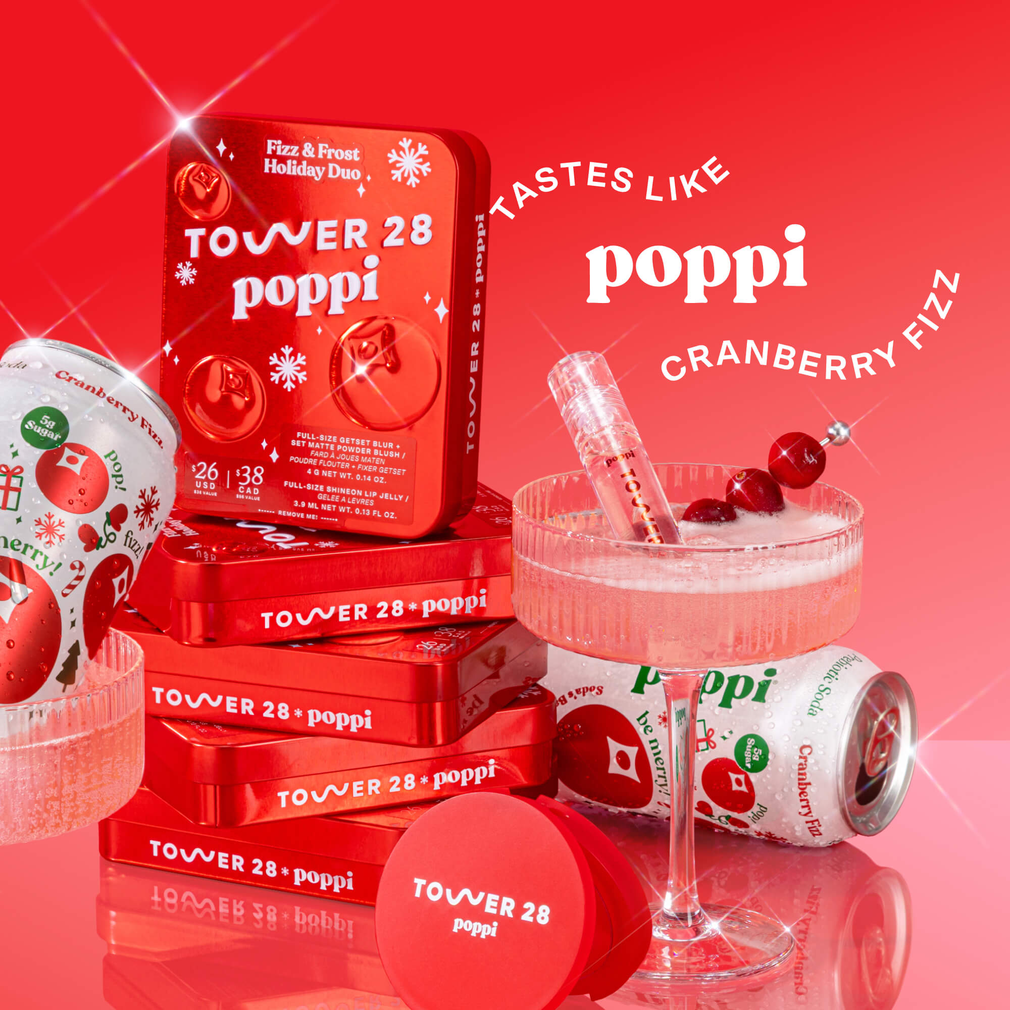 Red packaging of Tower 28 poppi with cranberry-themed items on a red background [Shared]