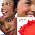 Collage of a woman with blush applied, close-up of blush color swatch labeled 'Cranberry Fizz'. [Shared]
