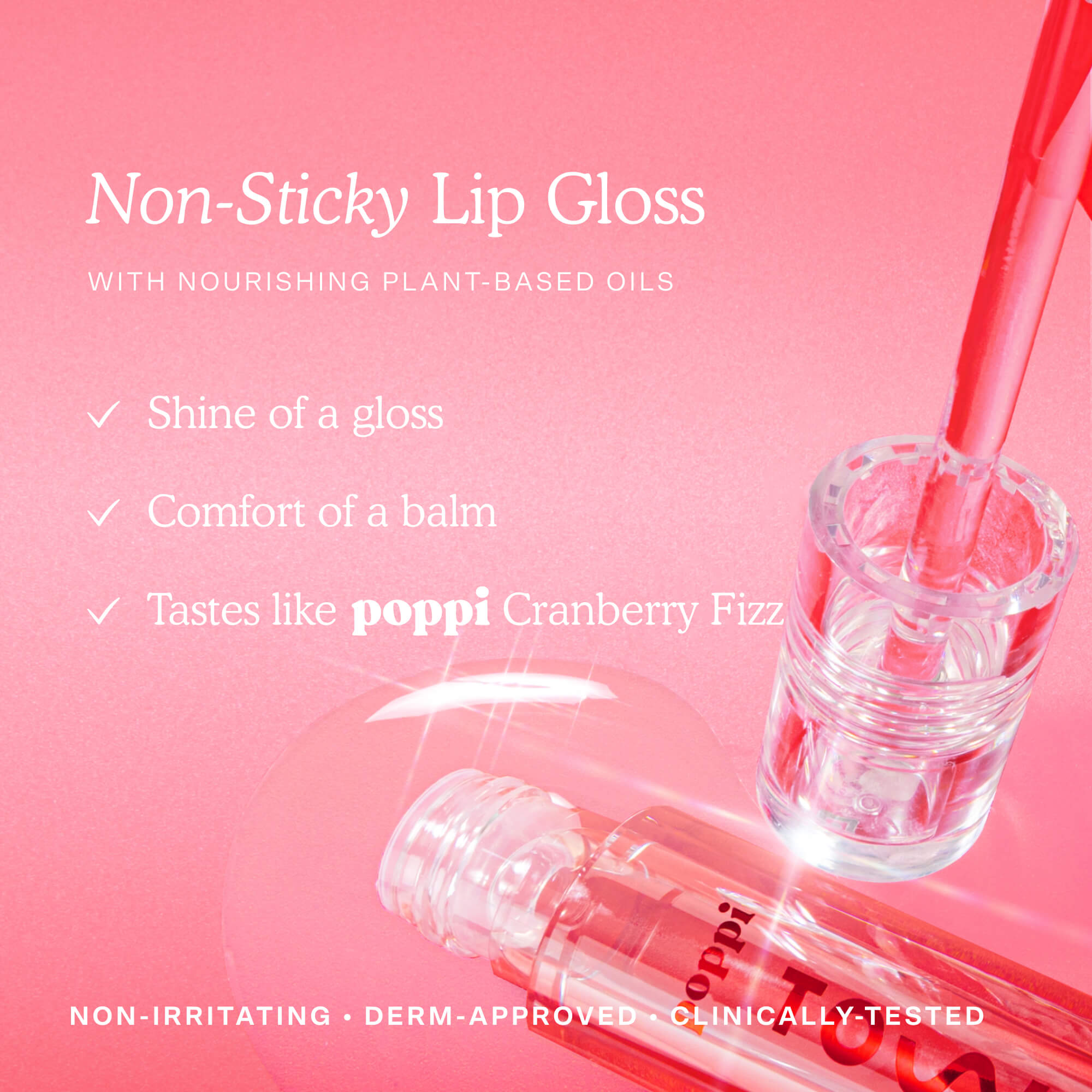 Lip gloss with a glass of poppi Cranberry Fizz on a pink background [Shared]