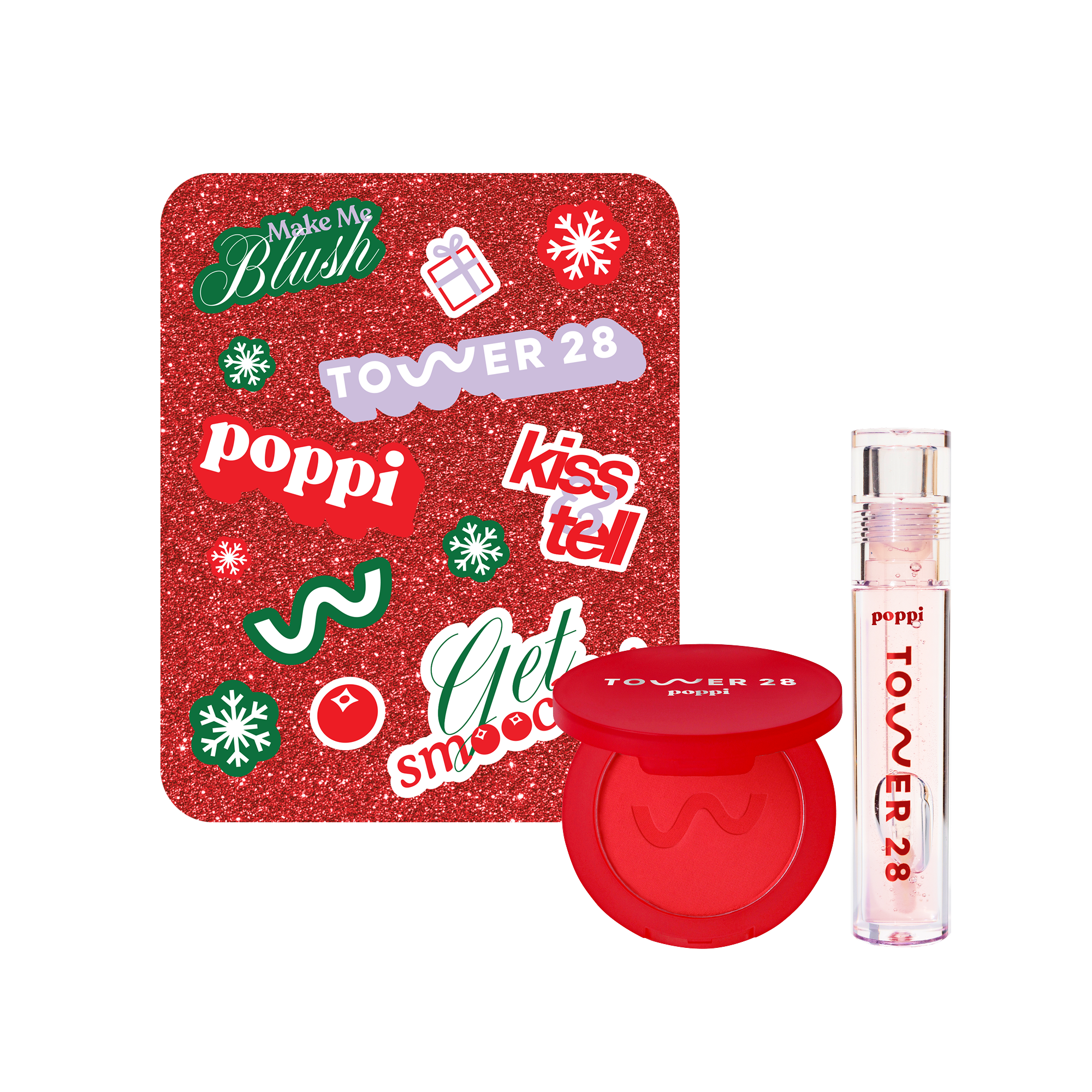 Tower 28 poppi holiday makeup set with  compact, and lip gloss on a white background [Shared]