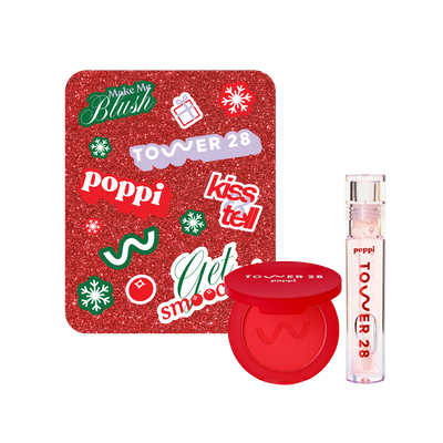 Tower 28 poppi holiday makeup set with  compact, and lip gloss on a white background [Shared]