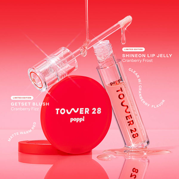 Tower 28 poppi lip jelly and blush on a red background [Shared]