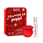 Tower 28 poppi holiday makeup set with red tin, compact, and perfume on a white background [Shared]