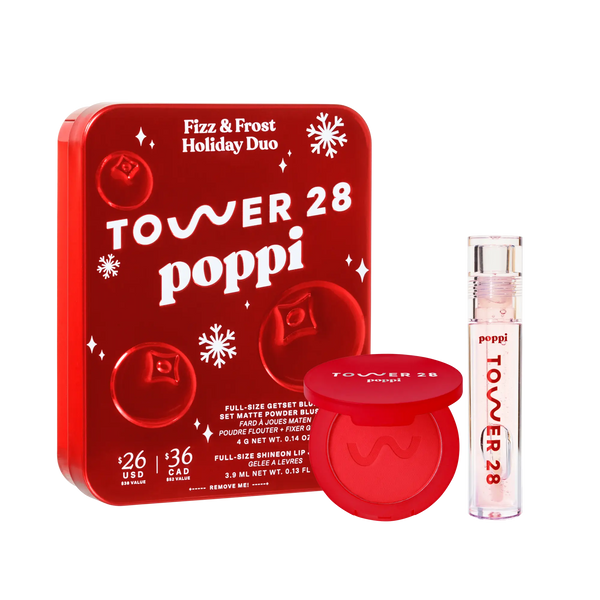 Tower 28 poppi holiday makeup set with red tin, compact, and perfume on a white background [Shared]