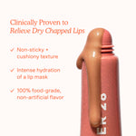 Lip balm with text highlighting its benefits on a white background[Iced Dulce de Leche]