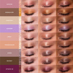 Eyeshadow swatches in various colors with labeled names on a grid. [Viper, Troubadour, Bungalow, Chateau, Roxy, Garden, Studio 28, Avalon, Whisky]