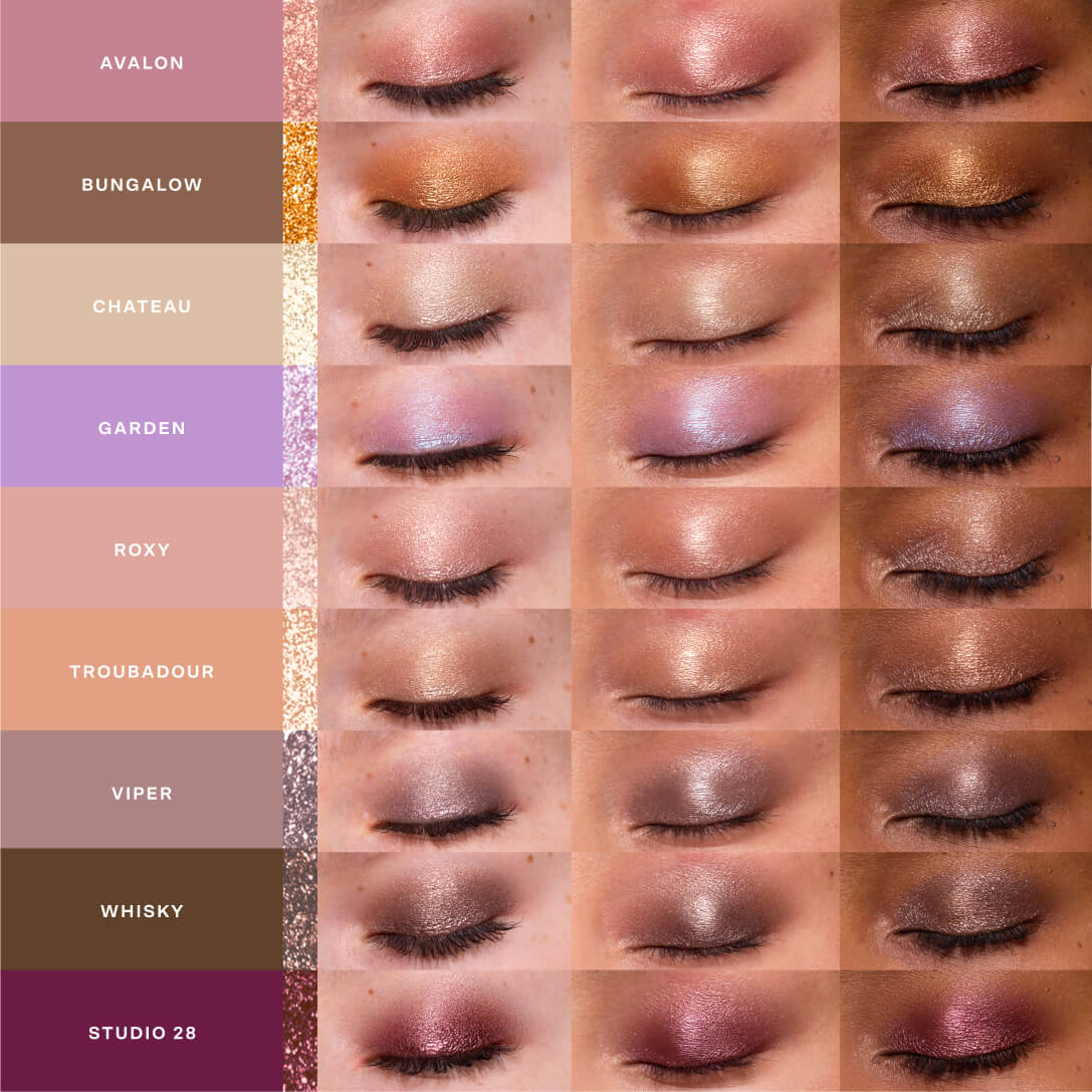 Eyeshadow swatches in various colors with labeled names on a grid. [Viper, Troubadour, Bungalow, Chateau, Roxy, Garden, Studio 28, Avalon, Whisky]