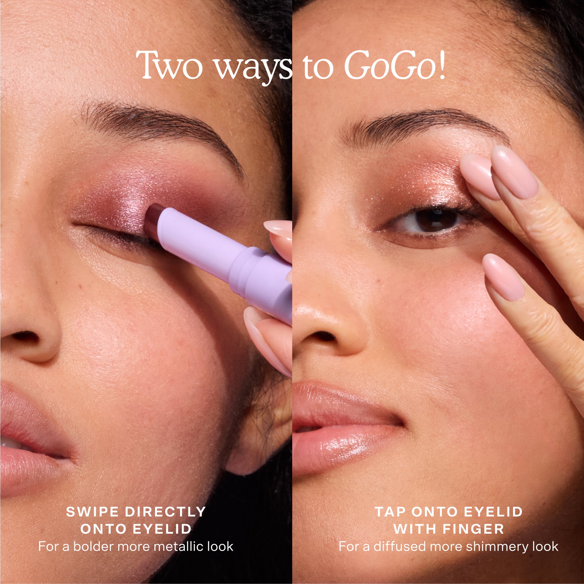 Two methods of applying makeup with a product labeled 'Two ways to GoGo!'. [Shared]
