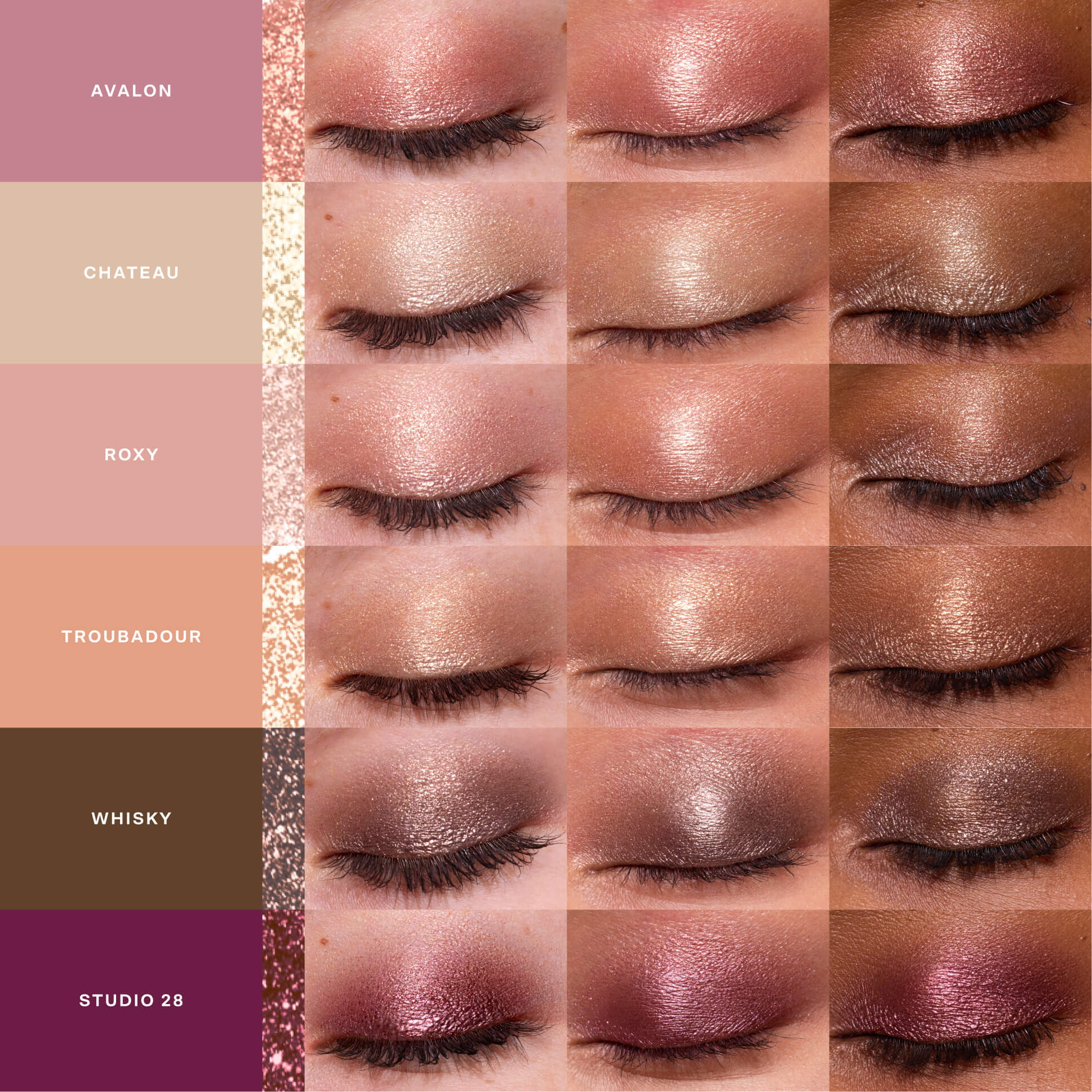 Eye shadow swatches in various shades with labeled names on a pink background [GoGo Eyeshadow Deluxe Set]