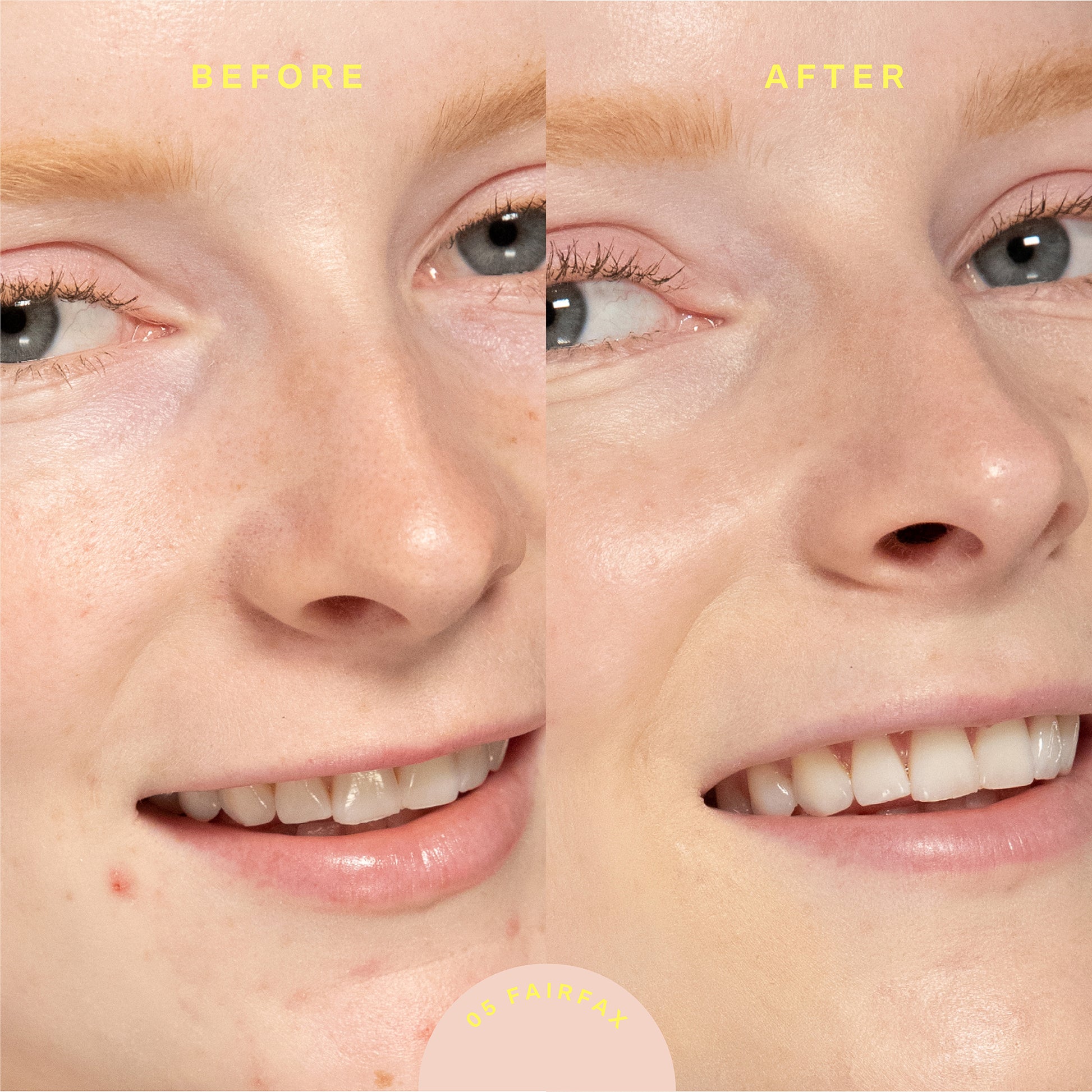 A model before (left image) and after (right image) applyingTower 28 Beauty SunnyDays™ Tinted SPF 30 in the shade 05 Fairfax