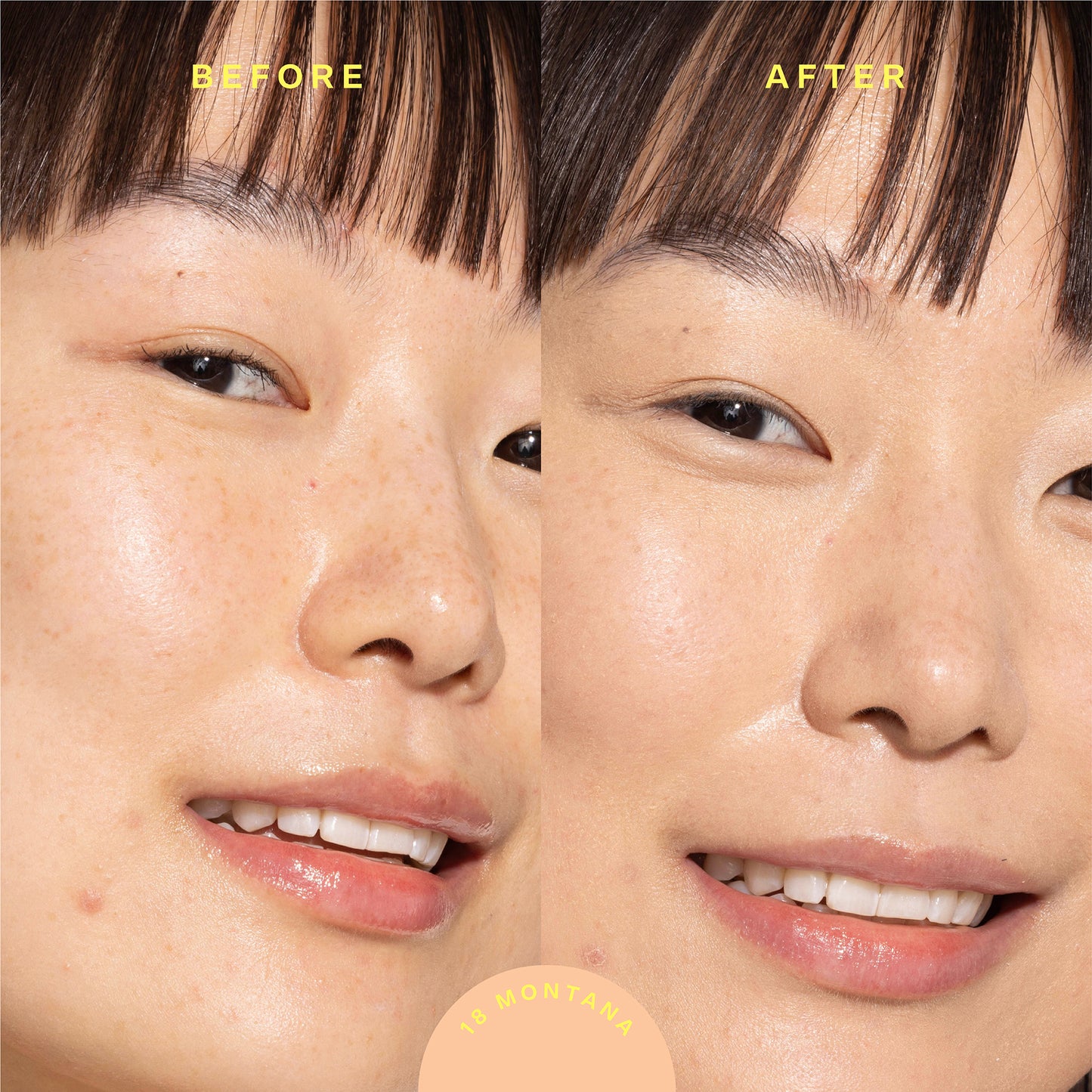 18 Montana [A model before (left image) and after (right image) applyingTower 28 Beauty SunnyDays™ Tinted SPF 30 in the shade 18 Montana]