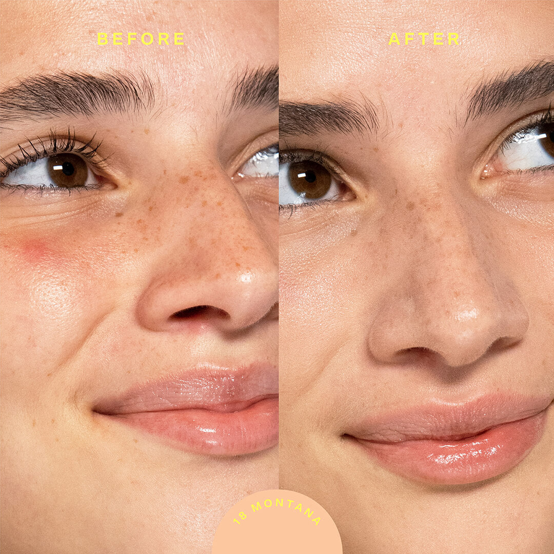 18 Montana [A model before (left image) and after (right image) applyingTower 28 Beauty SunnyDays™ Tinted SPF 30 in the shade 18 Montana]