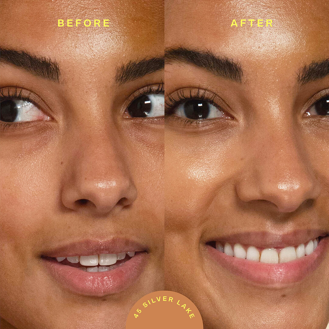 A model before (left image) and after (right image) applyingTower 28 Beauty SunnyDays™ Tinted SPF 30 in the shade 45 Silver Lake