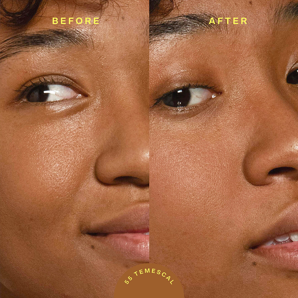 A model before (left image) and after (right image) applying Tower 28 Beauty SunnyDays™ Tinted SPF 30 in the shade 55 Temescal