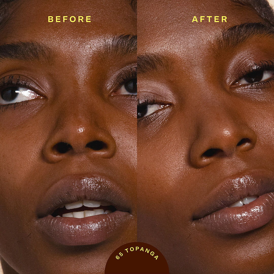 A model before (left image) and after (right image) applying Tower 28 Beauty SunnyDays™ Tinted SPF 30 in the shade 65 Topanga