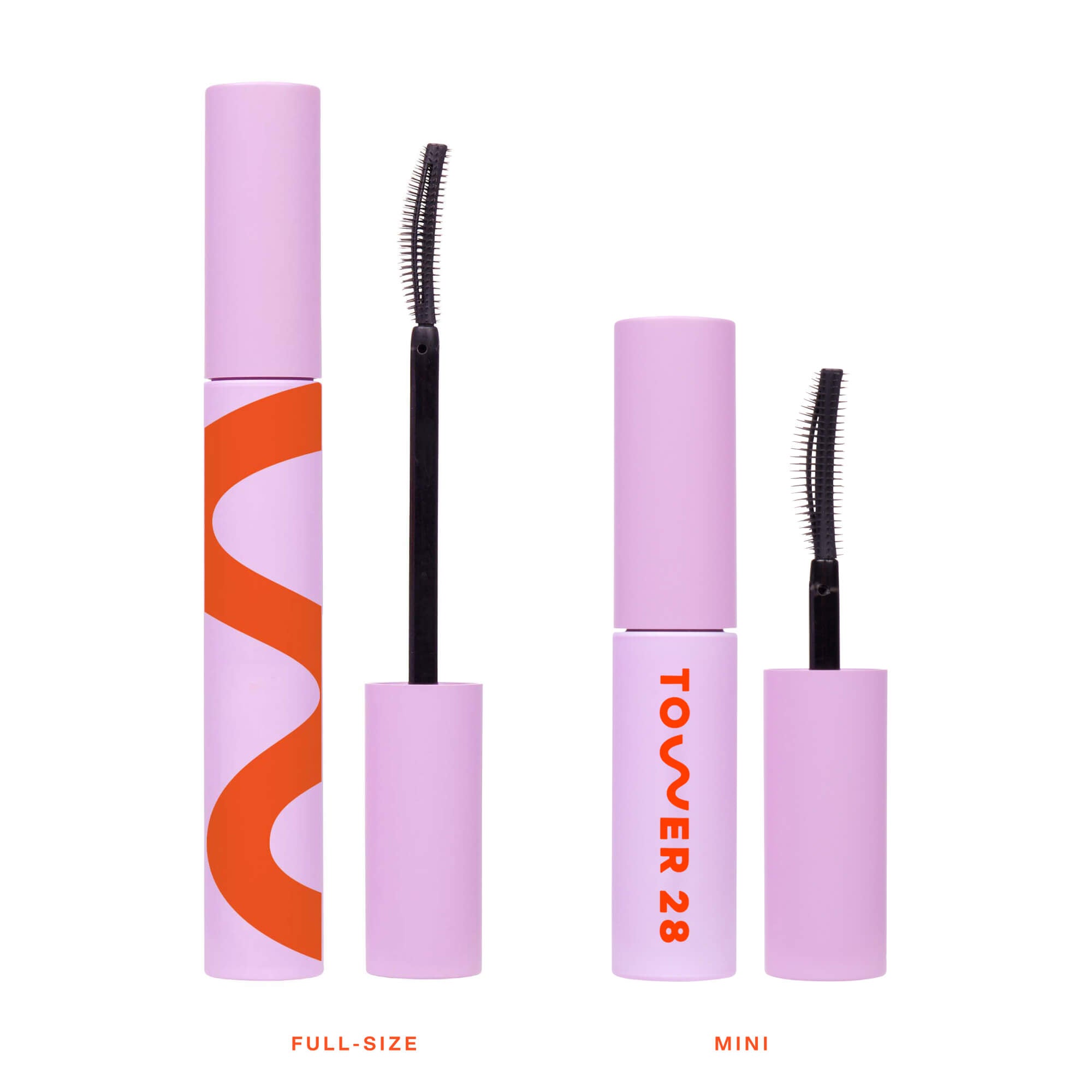 The Tower 28 Beauty MakeWaves™ Mini Mascara in the shade Jet next to the Full-Size MakeWaves™ Mascara in the shade Jet. [Shared]