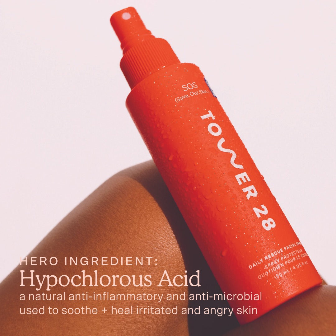 [Shared: Tower 28 Beauty SOS Rescue Spray's hero ingredient is hypochlorous acid which is a natural anti-inflammatory and anti-microbial used to soothe + heal irritated and angry skin]
