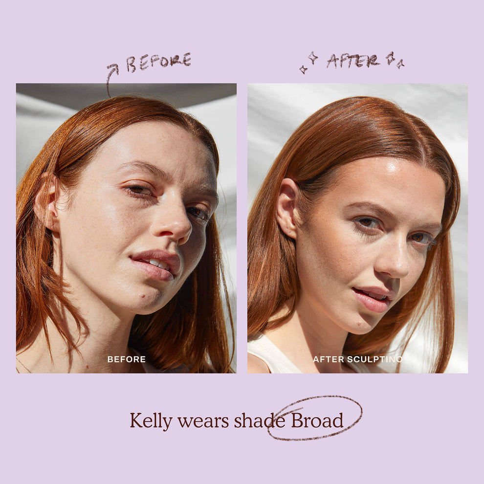 A model before and after applying the Tower 28 Beauty Sculptino™ Cream Contour in the shade Broad