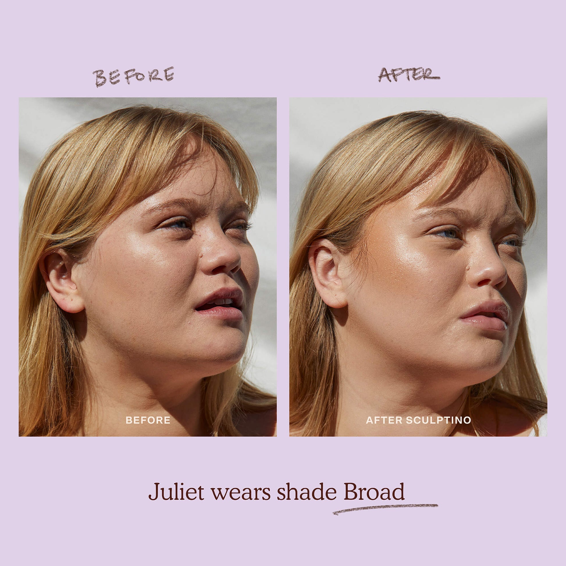 A model before and after applying the Tower 28 Beauty Sculptino™ Cream Contour in the shade Broad