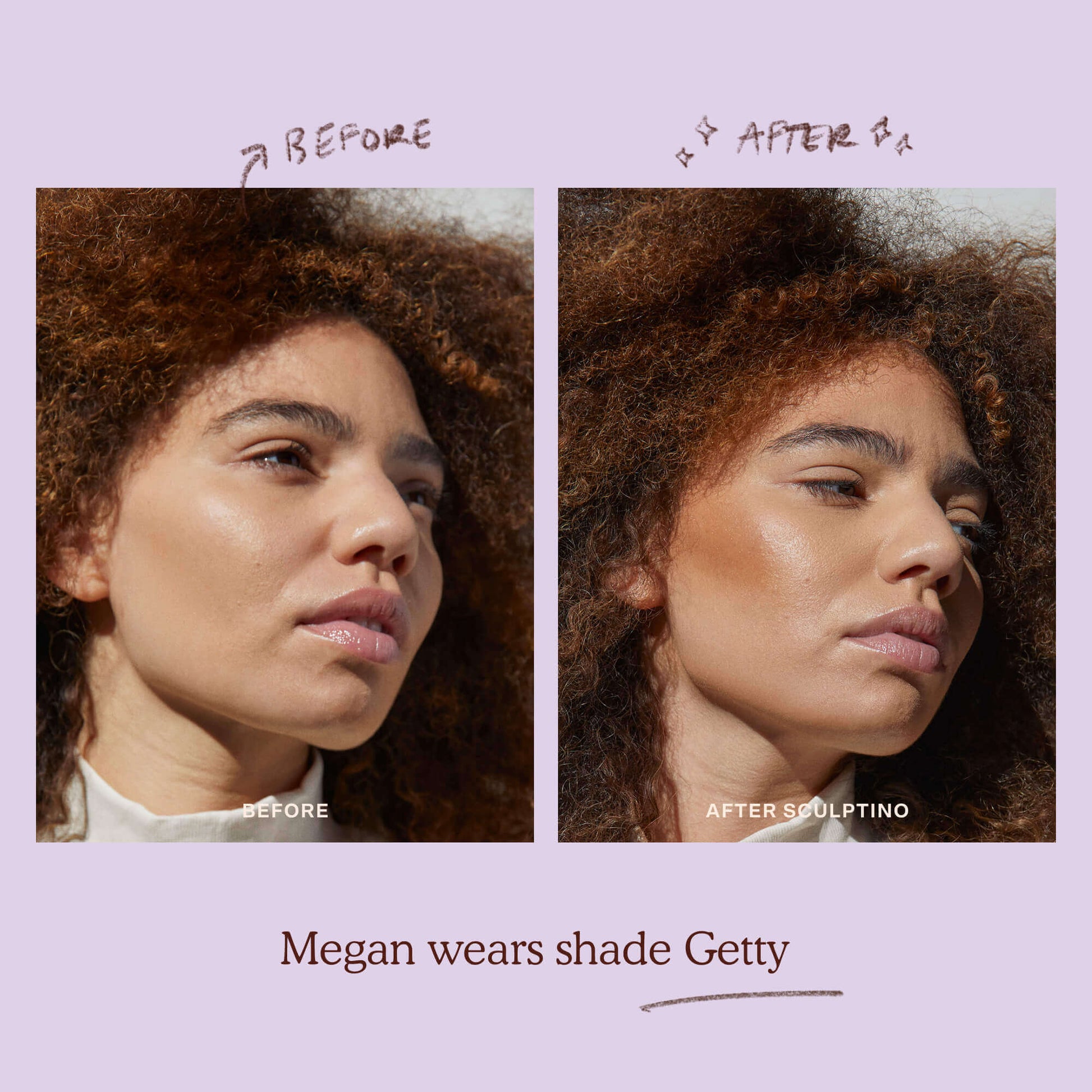 A model before and after applying the Tower 28 Beauty Sculptino™ Cream Contour in the shade Getty