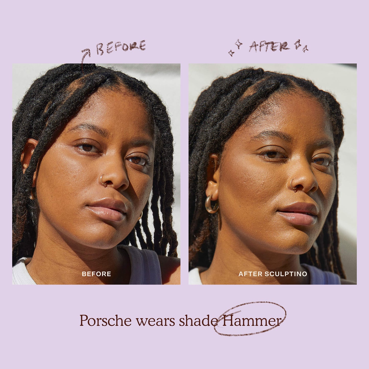 Shade: Hammer [A model before and after applying the Tower 28 Beauty Sculptino™ Cream Contour in the shade Hammer]